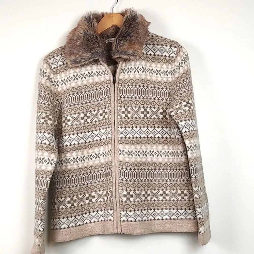 Susan Bristol Fair Isle Full Zip Faux Fur Collar Sweater Jacket Wool Size M
